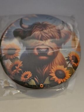 Sunflower Highland Cow Decorative Round Coasters Set Of 6, New
